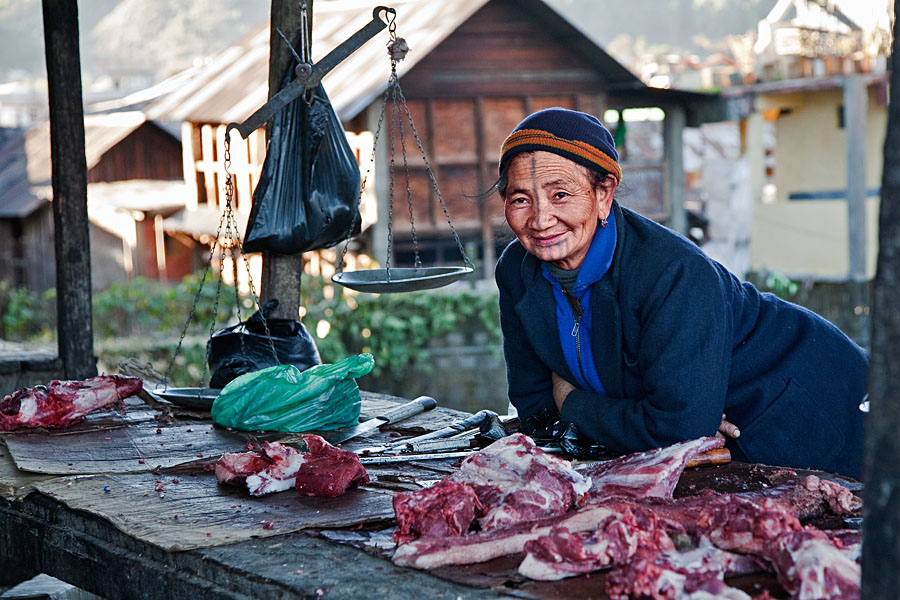  Apatani woman selling meat on the market of Ziro